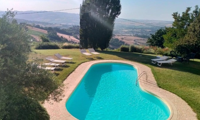 Montelabbate Villa | Panoramic portion of villa, swimming pool, hills, sea, free wifi