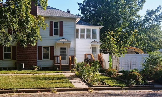 Emporia Apartment | Private Upper Deck surrounded by flower and vegetable gardens. Pet friendly