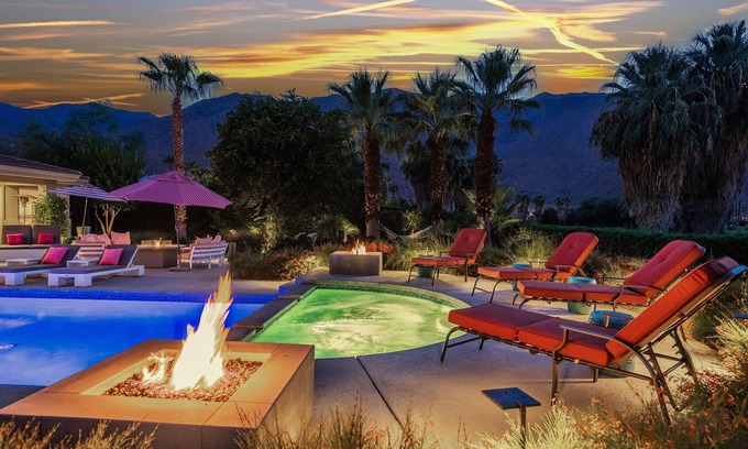 Palm Springs House | Putting Green, Saltwater Pool & Spa, 4 Fire Pits, Hammocks, Universal EV Charger