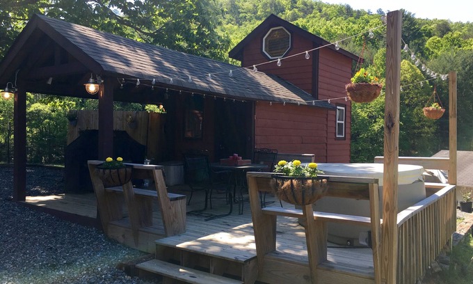 Clayton House | Red Tiny House In The Mountains - waterfall, jacuzzi and stunning farm views