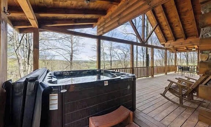 Logan Cabin | Romantic Log Cabin Hot Tub Fireplace View