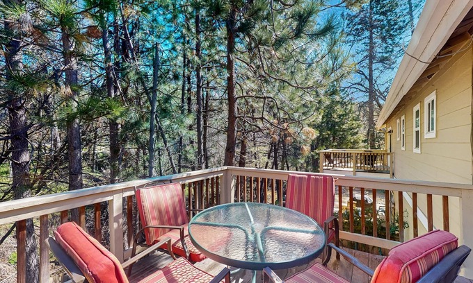 Bass Lake House | Serene river & mountain view retreat with hot tub, pool, AC, & patio