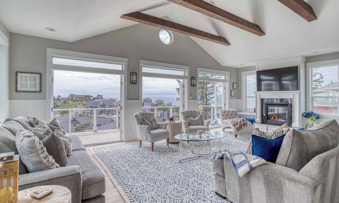 Nelscott House | Sky-High Ocean View Home in Olivia Beach has Double Decks, Hot Tub, King Suite!
