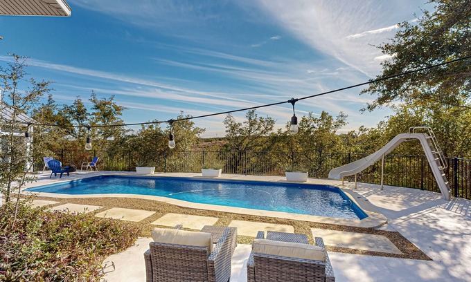 Travis Settlement House | Spacious house with full kitchen, private pool, big patio, fire pit and casita