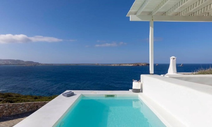 Nea Cryssi Akti Villa | Thea Villas Paros, Villa Turquoise, private pool, amazing view to the sea sunset