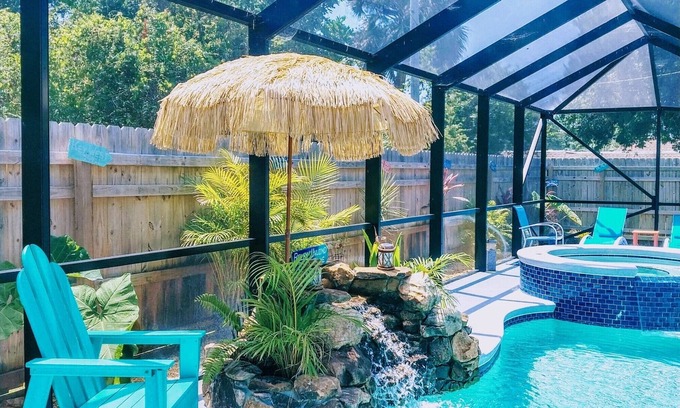 Vero Beach House | Tropical Escape, Saltwater Pool, Hot Tub & Tiki Bar .Near Beaches. Pet-friendly