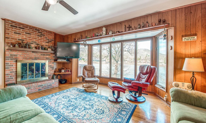 Lake Junaluska House | Two-story lakefront home with lake views, wood fireplace, shared outdoor pool