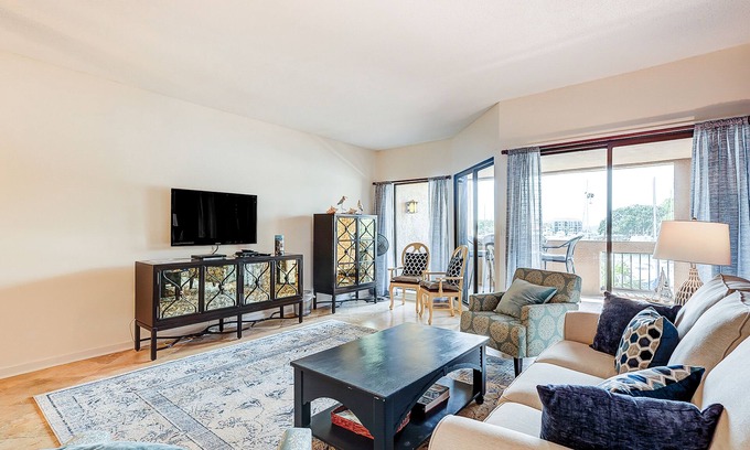 Shelter Cove Condo | Waterfront condo with walkable locale, central AC, washer/dryer, & shared pool